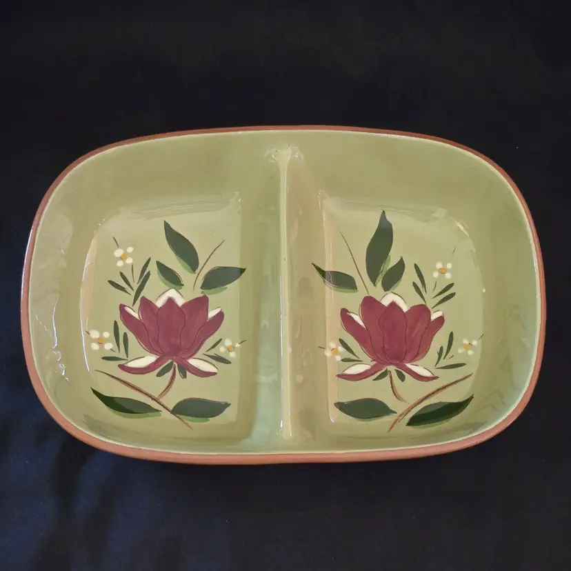 STANGL POTTERY MAGNOLIA Divided Serving Bowl Dish two-sided hand painted Vintage