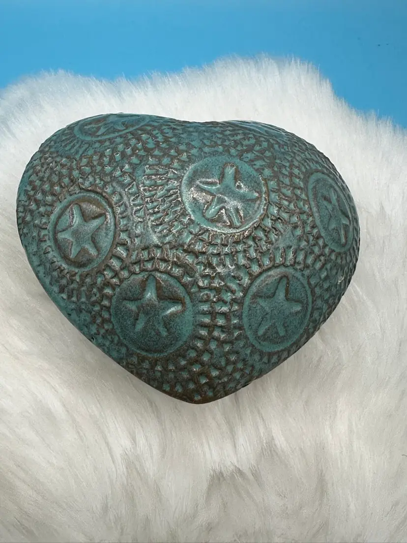 Vintage Blue Puffy Clay Heart Shaped Pottery Rattle/Heart Decor. 4”.