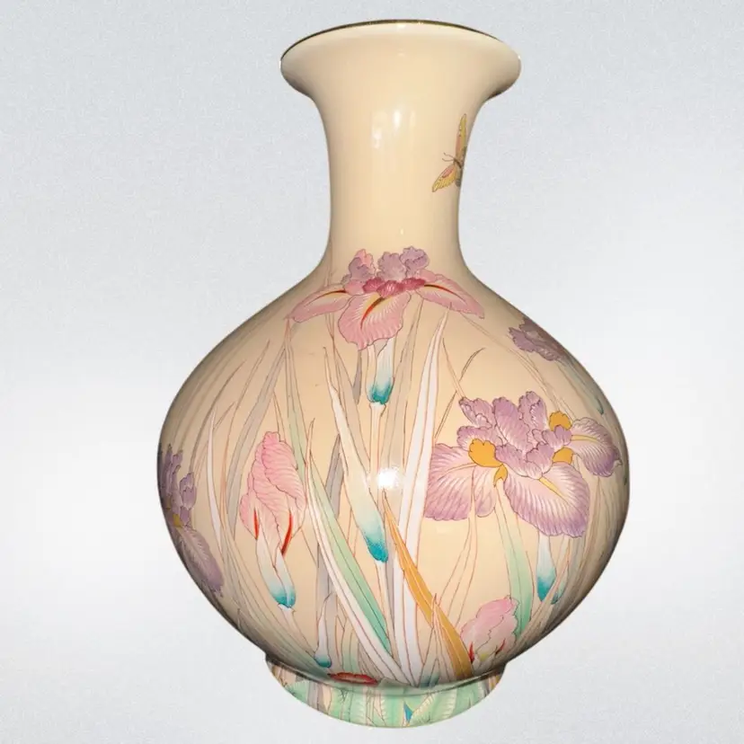Shibata 8” Vase Irises & Butterflies, Porcelain