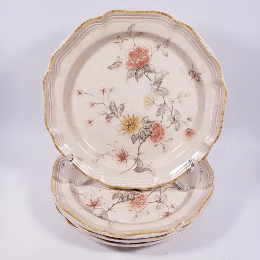 Vintage MIKASA Stoneware Country Charm Prairie Rose Pink Yellow DINNER PLATE SET