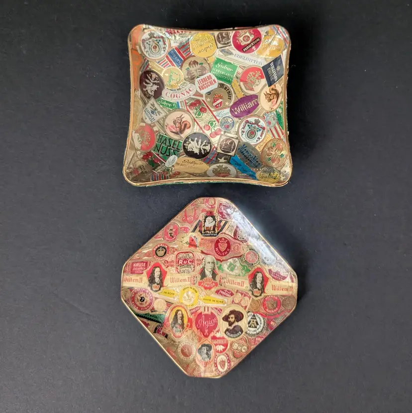 Set of 2 Vintage Decoupage Folk Art Cigar Band Ashtray Trinket Dish