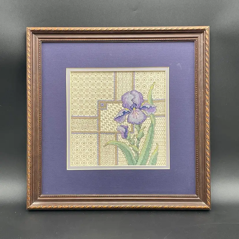 Crewell Cross Stitched Floral Iris Framed Wall Art Handmade Vintage Needlepoint