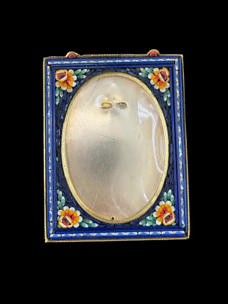 Floral Micro Mosaic Blue And Orange Rectangle And Oval Italy