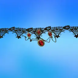 Hand Crocheted Black Choker Necklace With Red Dangle Stones Vintage