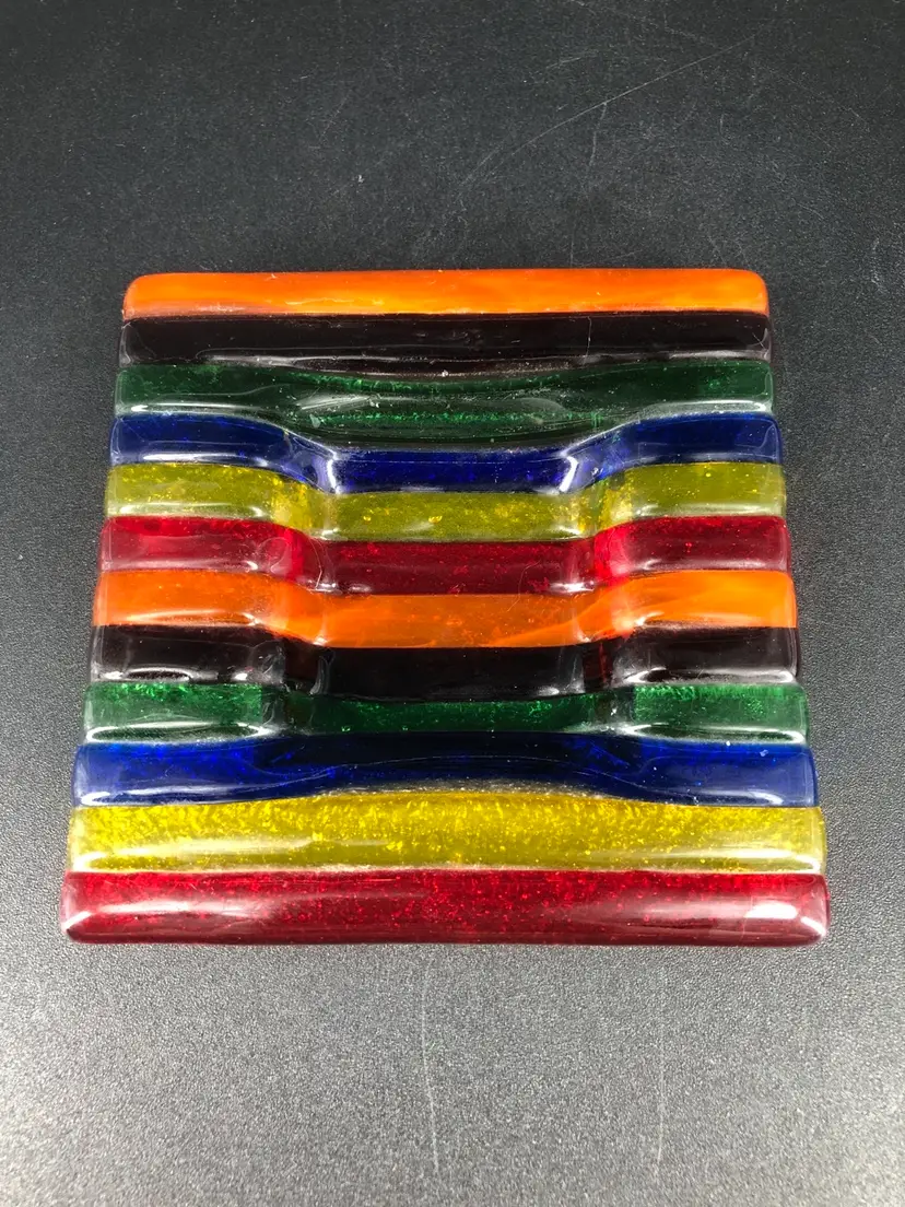 Rainbow Fused Art Glass Trinket Tray