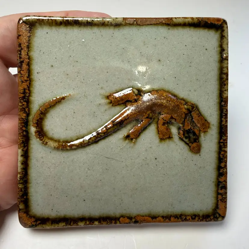 Vintage Mexican Folk Art Wall Tile Trivet Tonala Lizard Gecko Signed Handmade