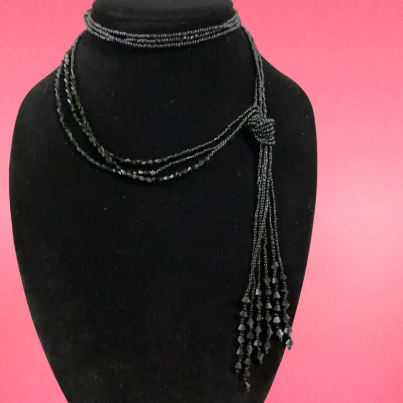 Gorgeous Black Glass 3 Strand Seeded Lariat Necklace.