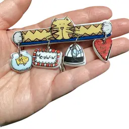 Ceramic Cat Dangling Brooch 3.25” L X 1.5” W