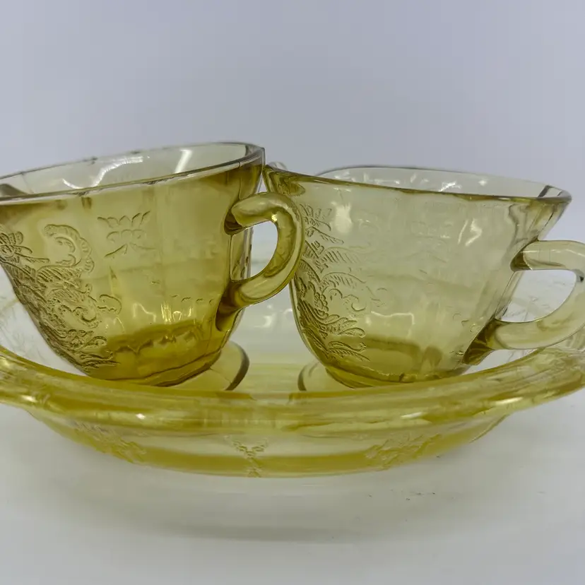 Vintage Federal Glass Madrid Amber Yellow Depression Glass Creamer, Sugar & Dish