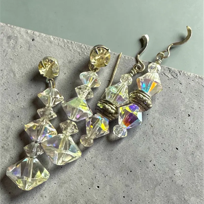 2 Pair Of Silver Tone Clear Faceted Aurora Borealis AB Pierced Dangle Earrings