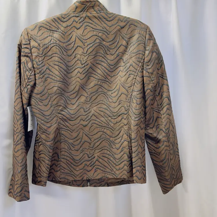 #1672 Due Per Due NWT Ladies Size L Brown Black Zip Jacket Stand Collar Tiger Strips