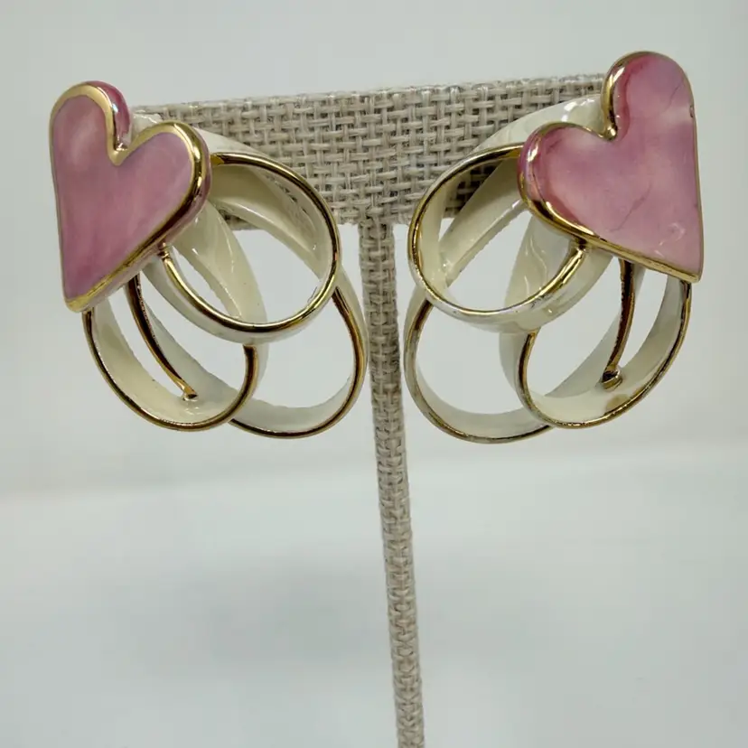 Vintage Artisan Ceramic Cream And Pink Earrings