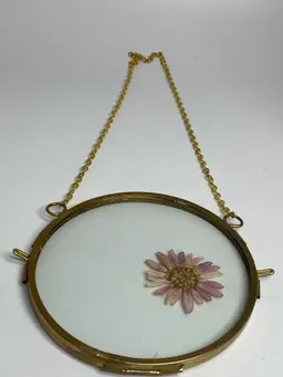 Round Brass Floating Picture Frame w/ Pressed Flower, Designed for Hanging, 4" Diameter