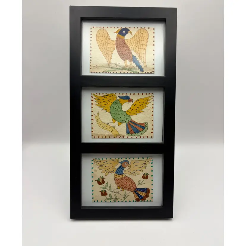 Framed, Colorful Handmade PA Dutch Frakturs, Folk Art, Birds, Verses on Back of Pictures, Signed JK, 2010