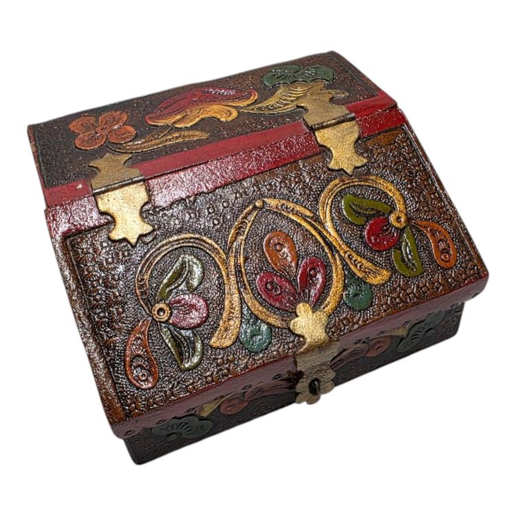 Hand Tooled Leather Wrapped Wooden Box With Intricate Floral Embossed Design & Red Lining