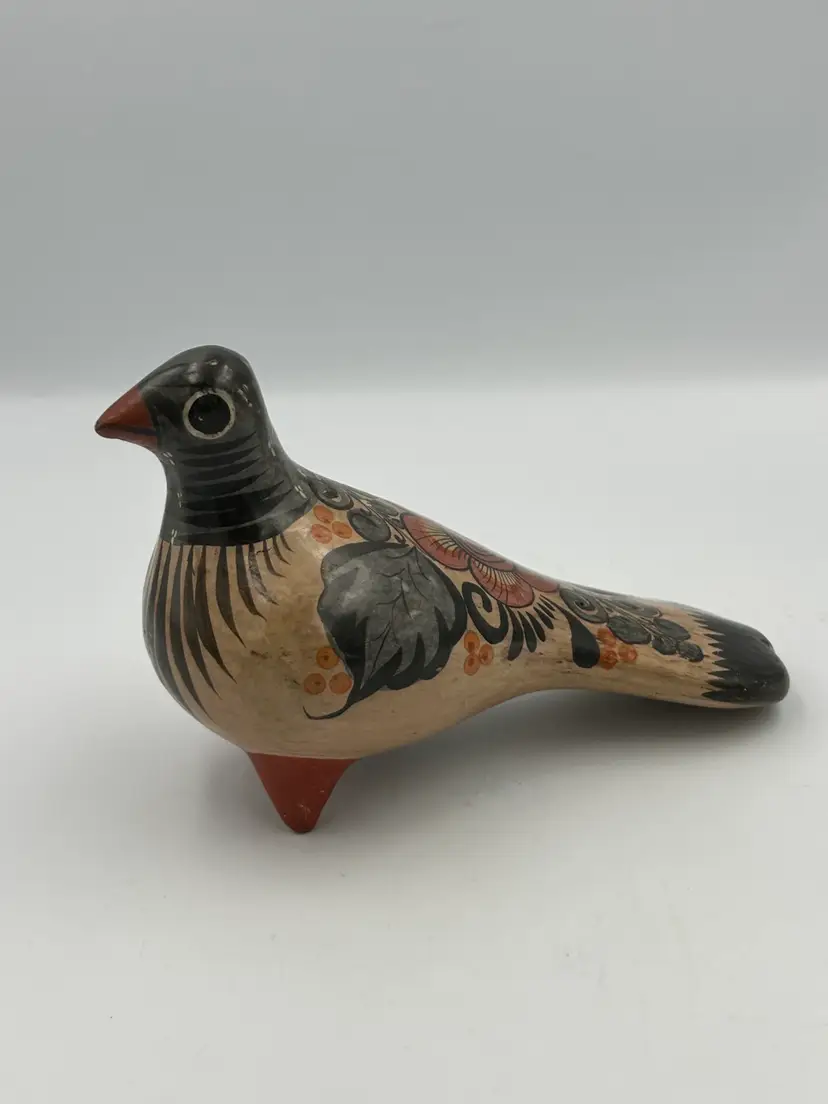 Vintage Long Tonala Hand Painted Mexican Pottery, Clay Dove Figurine