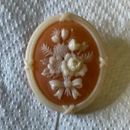 Vintage Avon Floral Cameo Carved Brooch Pink With Offwhite Flowers and Bow