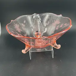 Pink depression, glass three toed footed bowl