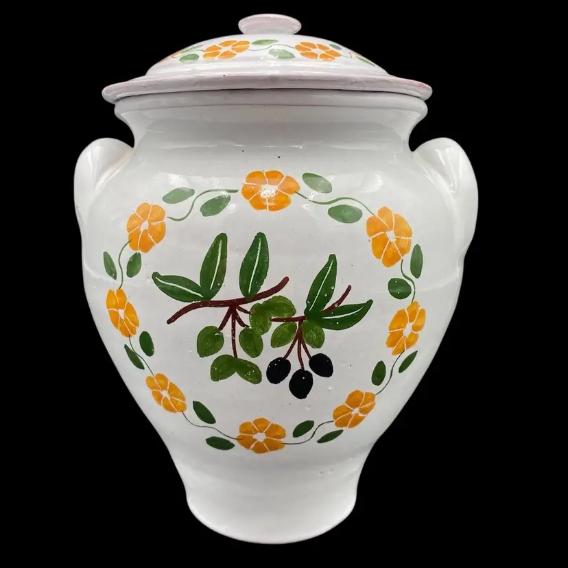 Vintage MM Pottery Majolica Covered Jar, Hand-Painted, Two Handles, Portugal