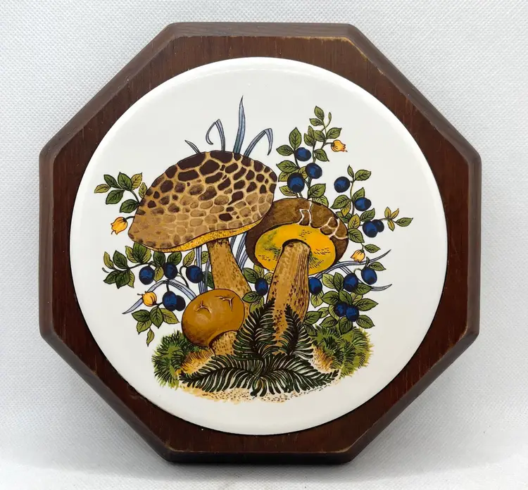 Vintage Ceramic Mushroom Round Tile On Wood Octagon Trivet , Wall Hanging
