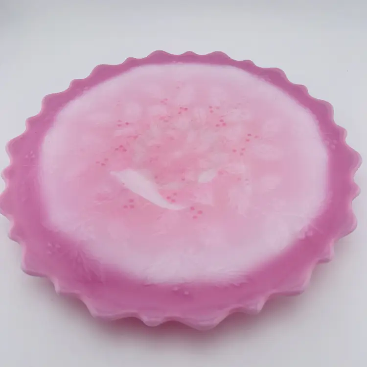 Fenton Glass Rosalene Pink Holly Berries Leaves Low Cake Plate 10"