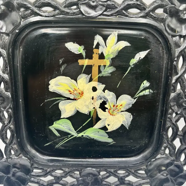 Black Milk Glass Hand Painted Lily & Cross Square Plate 8.25”