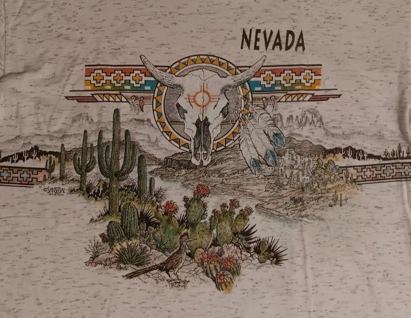 Vintage single stitch Nevada t-shirt Large Sansegal AOP Skull Roadrunner