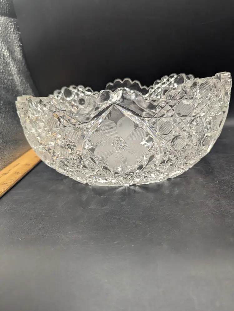 Vintage Lead Crystal Oval Button and Etched Daisy Bowl With Sawtooth Edge Two Teeth Small Chips