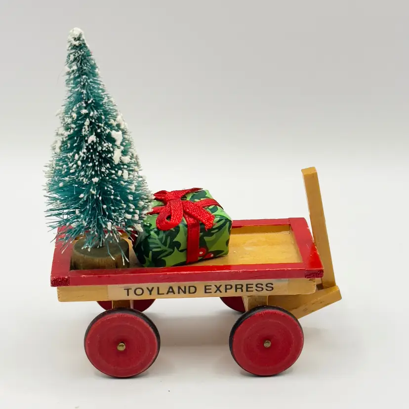 Vintage Christmas Toyland Express Wagon with Bottle Brush Tree and Gift Wood Figurine Ornament, Festive Decor, By Byers Choice, Made In USA