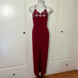 Vintage 90s Burgundy High Neck Harlequin Print Open Back Formal Maxi Prom Dress