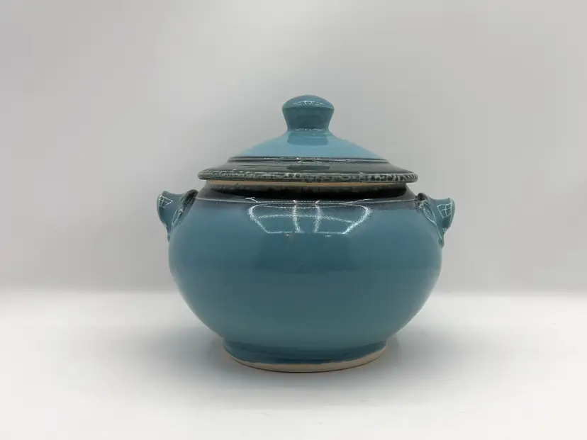 John Spiteri Studio Pottery Lidded Bowl – Blue Parrot Pots Covered Stoneware – Handmade Ceramic Kitchen Vessel – Artisan Glazed Pot c2015