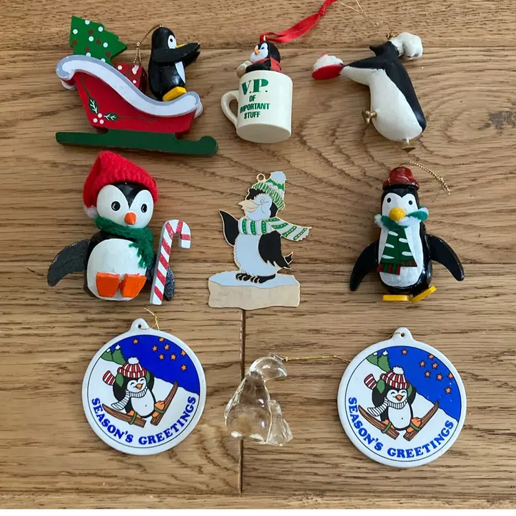 Set Of 9 Vintage Kitchy Christmas Penguin Ornaments