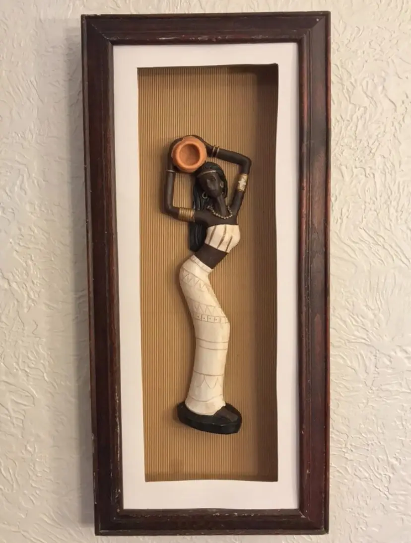 *VTG* Mid-Century African Tribal Lady Chalk-Ware Figurine Framed 3D Wall Art