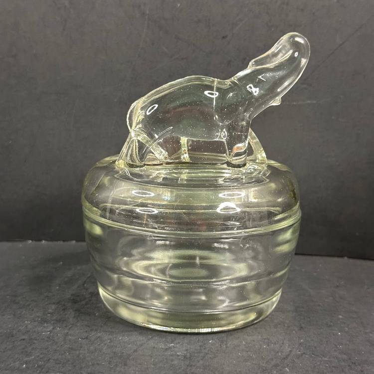 Vintage Jeannette Clear Glass Trunk Up Elephant Powder Jar, Trinket Box