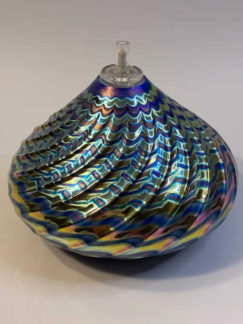 Stuart Abelman Iridescent Art Glass Oil Lamp Signed And Dated 2000  5” X 4.5”