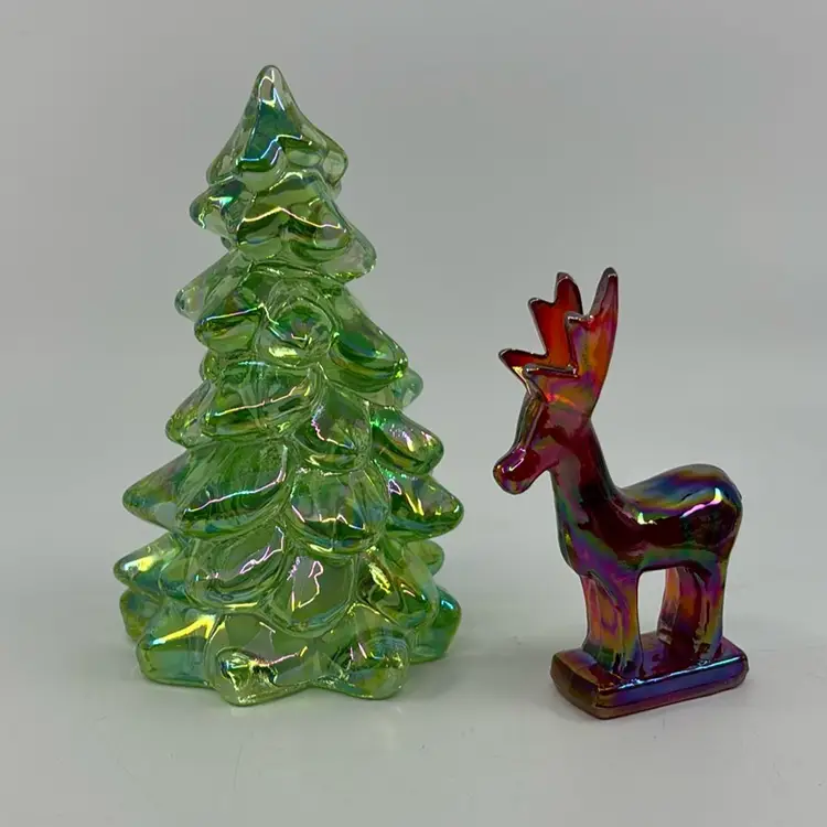 Iridescent Green Tree & Red Carnival Deer Pair Mosser Glass 5.5” & 3.75”