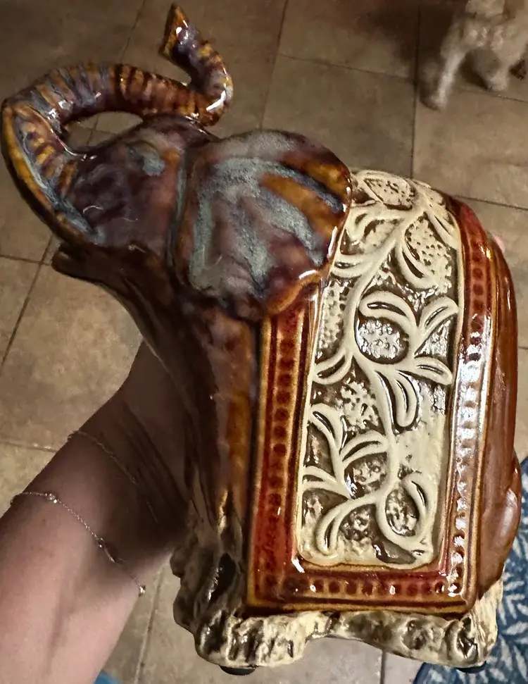 Elephant Ceramic Brown Blue Gloss Glaze Raised Costume 7.5"x 6.5 Shelf Figurine