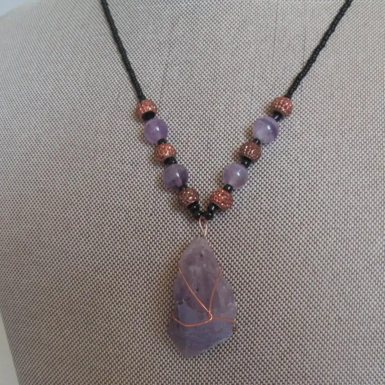 Copper Wire Wrapped Amethyst Crystal Pendant Necklace