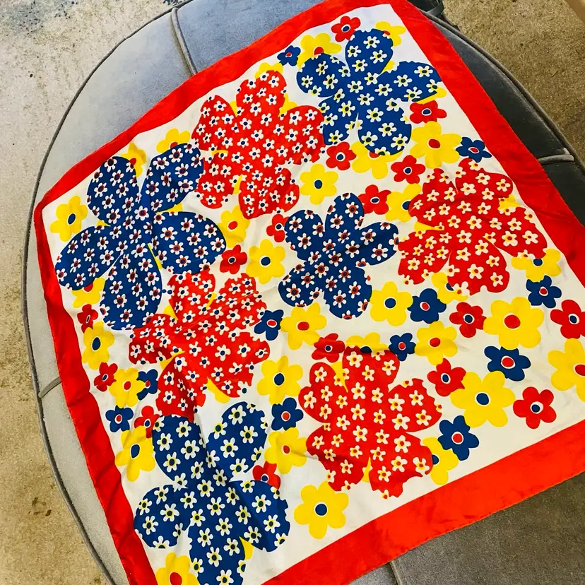 #2518 Vintage Echo Square Sheer Silk Floral Scarf in  Blue Red Yellow Graphic Daisies with Hand Rolled Hem