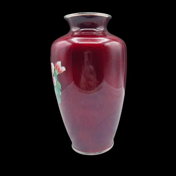 #211B Vintage MCM Japanese Pigeon Blood Red Cloisonné Vase With Pink Roses