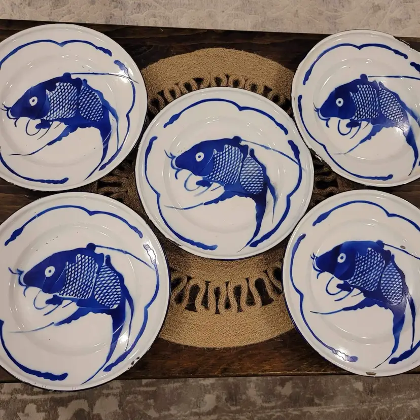 43 - Set Of 5 Enamel Blue And White Koi Plates