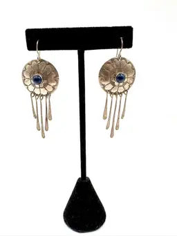 Sterling Silver South Western Dangle Earrings With Lapis Cabochons