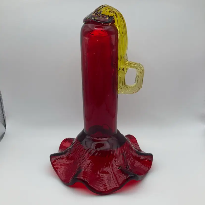 Vintage Red And Yellow Glass Hummingbird Feeder Top! 7” Tall 4 1/2” Wide! UV Glow! 🔥🔥🔥 Missing Stopper/Feeding Tube!
