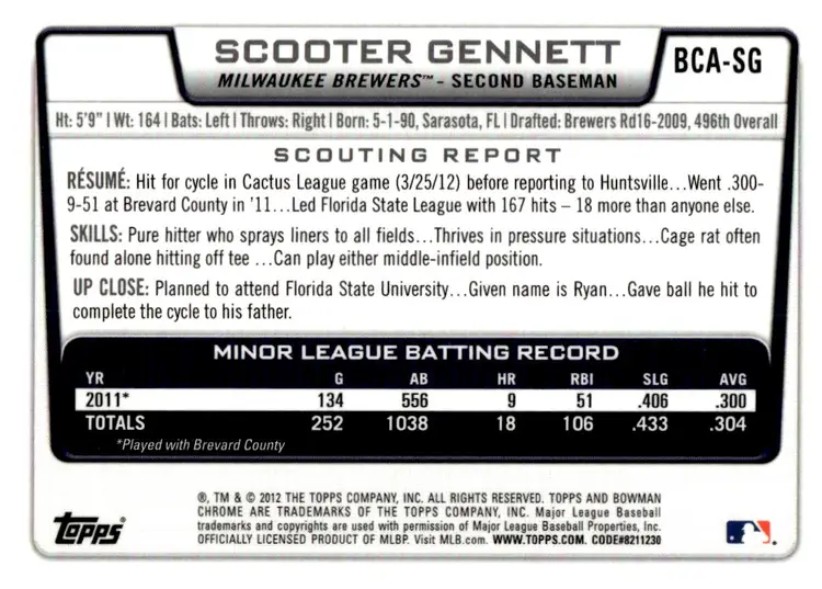 2012 Bowman Chrome #BCA-SG Scooter Gennett Prospects Autographs