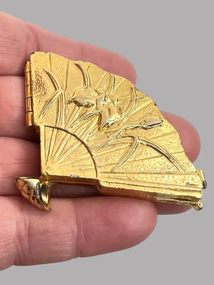 2” Celia Sebiri Gold-tone Fan Shape Locket Pendant. Floral Design. Signed Inside Locket.