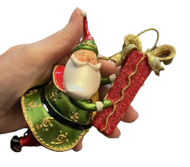 Shiny Santa Holding Present Ornament READ
