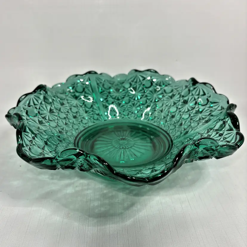 Fenton Daisy Button Green Bowl Dark Teal Console Glass Dish Vintage