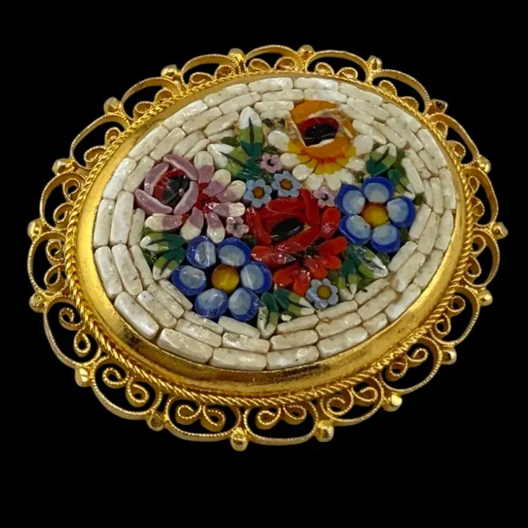 Large Gold Tone Filigree Floral Flower Micro Mosaic Brooch 2" Italy