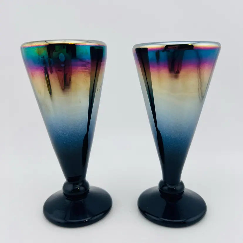 Magnificent Set Of 2 Signed Rick Strini Oil Slick Iridescent Cordial Glasses 4.75”