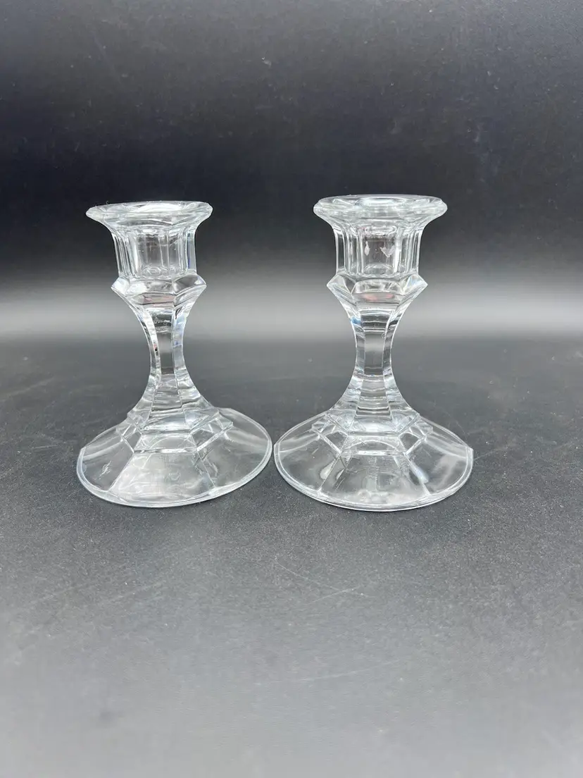 Pair of Vintage 4 1/4” Clear Cut Glass Candlestick Holders